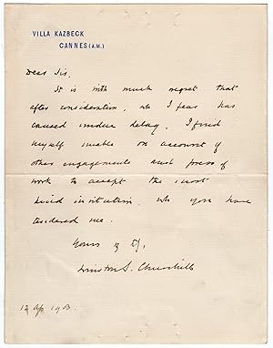 Imagen del vendedor de Churchill, Winston S. (1874-1965) - Early autograph letter signed a la venta por Andreas Wiemer Historical Autographs