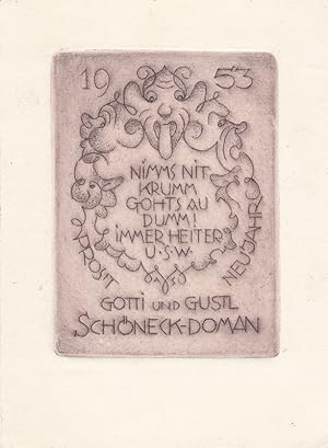 Imagen del vendedor de Gotti und Gustl Schneck-Doman 1953. Drei Fantasiegesichter. "Nimms nit krumm gohts au dumm! Immer heiter usw.". a la venta por Antiquariat  Braun