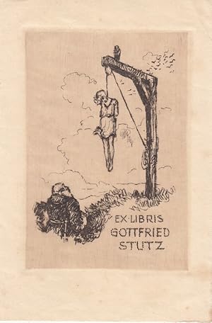 Seller image for Ex Libris Gottfried Stutz. Mnch (Rckenfigur) vor Galgen mit gehngter hbschen Frau, darauf ein Rabe. for sale by Antiquariat  Braun