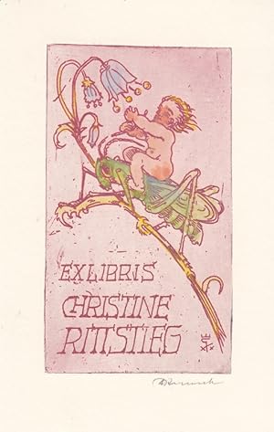 Imagen del vendedor de Ex Libris Christine Rittstieg. Auf Grille an Glockenblume reitender Putto. a la venta por Antiquariat  Braun