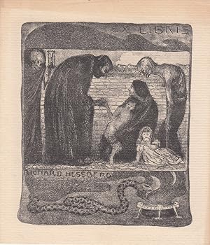 Seller image for Ex Libris Richard Hessberg. Arzt und Tod mit Stundenglas bei Familie mit krankem Kind, unten Natter an rauchender Schale. for sale by Antiquariat  Braun