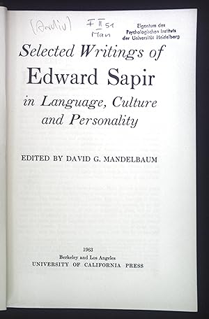 Immagine del venditore per Selected Writings of Edward Sapir in Language, Culture and Personality. venduto da books4less (Versandantiquariat Petra Gros GmbH & Co. KG)