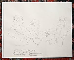 Original-Bleistiftzeichnung. Selbstbildnis mit Familie am Tisch. Portrait, Familienbild.