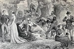 Image du vendeur pour A Picnic in the Cork Woods, near Gibraltar. An original woodcut engraving, from the Illustrated London News, 1877. mis en vente par Cosmo Books
