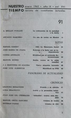 Imagen del vendedor de NUESTRO TIEMPO. Revista de Cuestiones Actuales. Ao IX. Vol. XVI. Nmeros 91 a 96 en un libro. 91. A. Milln Puelles: La ordenacin de la sociedd a la teora. L.uka Brajnovic: Andric y lam penumbra balcnica. 92. Juan Roger: La psicologa del pueblo alemn. Jorge Collar: La Nouvelle Vague. 93. Estudios sobre la Encclica Mater et Magistra. 94. F. D. WIlhemlsen: Masa y minora en USA. ngel Benito: Los 80 aos de Vzquez Daz. 95. H.-W. Janz: Nuevos caminos de la psiquiatra. Jos M de Juana: Juicio al Nacionalsocialismo. 96. C. Blanco Soler: La infancia de Len Tlstoi. Jesse E. Mann: La filosofa actual en USA. a la venta por Librera y Editorial Renacimiento, S.A.