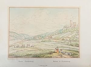 Rheindiebach - Ruine Fürstenberg. Ruines de Furstenberg. Kol. Lithographie Nr. 16 von J.A. Lasins...