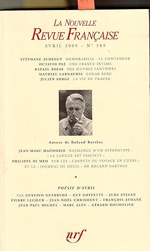 Autour de Roland Barthes La Nouvelle Revue Française No 589 Avril 2009