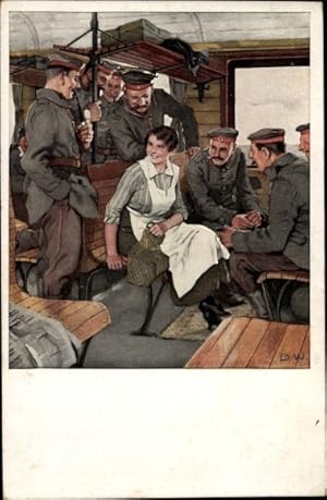 Künstler Ansichtskarte / Postkarte Wennerberg, Bruno, Urlaubsfahrt, Frau mit Soldaten im Bahnabteil