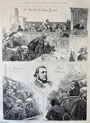 Sketches in Court During the Tichborne Trail. An original woodcut engraving, from the Graphic Ill...