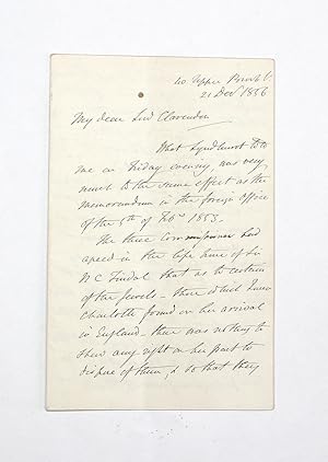 Seller image for An Original Six Sided Hand Written and Signed Letter from Robert Monsey Rolfe, 1st Baron Cranworth to Foreign Secretary Lord Clarendon - A fabulous long letter discussing the dispute between Queen Victoria and the Queens Uncle Prince Ernest Augustus Duke of Cumberland who was King of Hanover over the latters claim as male head of the House of Hanover to the jewels formally belonging to Queen Charlotte. for sale by Lasting Words Ltd