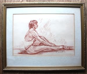 Original conte crayon drawing of "Rudolph Nureyev stretching"