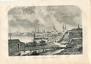 Rusia. La Ciudad y puerto de Arkhangel antiguo grabado en 1877 por J. Gauchard