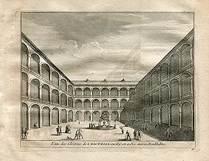 Madrid. El Escorial. Uno de los claustros del Escorial. Grabado por Vander Aa. 1715