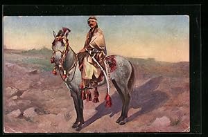 Bild des Verkufers fr Ansichtskarte Araber auf einem Pferd, Beduinen-Tracht zum Verkauf von Bartko-Reher