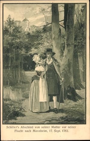 Bild des Verkufers fr Knstler Ansichtskarte / Postkarte Schiller's Abschied von seiner Mutter vor seiner Flucht nach Mannheim 1782 zum Verkauf von akpool GmbH