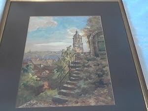 Karl Hübschmann ; Aquarell , Kirchturm , Stadtansicht