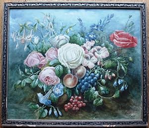 Original watercolour of fruit and flowers. Alumnus of Burslem School of Art.
