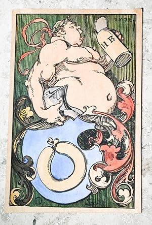 Original-Aquarell, monogrammiert O. S. Wappenschild mit Weisswurst, darüber dicker Mann mit Massk...