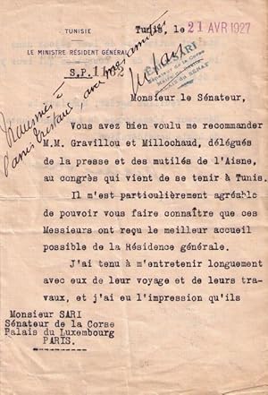 Tapuscrit original  à entête  "Tunisie Ministre Résident Général" signé Lucien Saint , Ministre r...