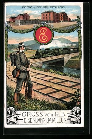 Ansichtskarte München, Soldat vom K.B. Eisenbahn-Bataillon, Kaserne des Eisenbahn-Bataillon