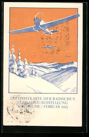 Künstler-Ansichtskarte Karlsruhe, Luftpostkarte der Badischen Luftfahrt-Ausstellung 1925, Flugzeuge