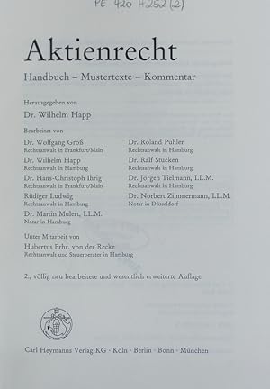 Bild des Verkufers fr Aktienrecht. Handbuch, Mustertexte, Kommentar. zum Verkauf von Antiquariat Bookfarm