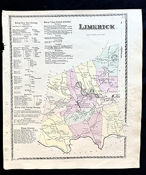 1872 Hand-Colored Street Map of Limerick, Maine w Property Owner Names just after the Civil War