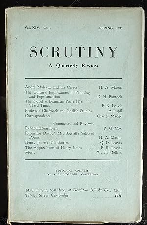 Immagine del venditore per Scrutiny, A Quarterly Review: Vol. XIV No 3 Spring 1947 / H A Mason "Andre Malraux and his Critics" / G H Bantock "The Cultural Implications of Planning and Popularization" / F R Leavis "The Novel as Dramatic Poem (I): 'Hard Times'" / A Pupil "Professor Chadwick and English Studies" venduto da Shore Books