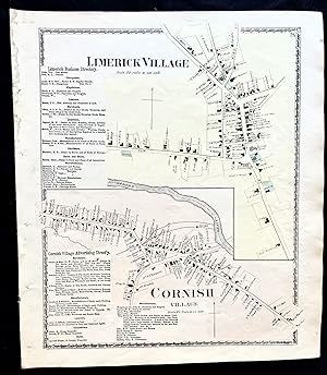 1872 Hand-Colored Street Map of Limerick Village and Cornish Village, Maine w building footprints...