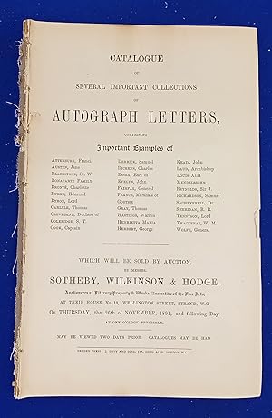 Catalogue of several important collections of Autograph Letters. [ Sotheby, Wilkinson & Hodge, au...