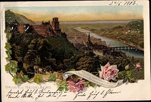 Litho Heidelberg am Neckar, Schloss, Panorama, Rosen, Alt Heidelberg du Feine