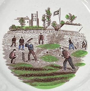Unmarked Staffordshire Child's ABC Plate with a Cricket Match color transfer
