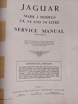 Seller image for Jaguar Service Manual - Mark 2 Models 2-4, 3-4 and 3-8 Litre Service Manual 4th Edition for sale by The Book House, Inc.  - St. Louis