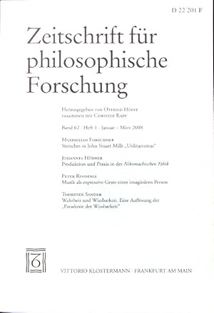 Imagen del vendedor de Musik als expressive Geste einer imaginren Person -in : Zeitschrift fr philosophische Forschung; Bd. 62; H. 1; Januar-Mrz 2008. a la venta por books4less (Versandantiquariat Petra Gros GmbH & Co. KG)