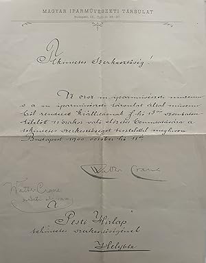 Invitation letter for Walter Crane exhibition in Budapest. Signed by Crane