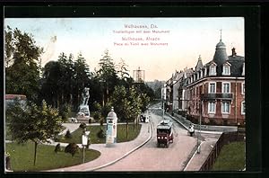 Ansichtskarte Mülhausen, Tivolianlagen mit dem Monument, Strassenbahn mit Litfasssäule