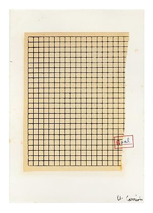 A signed & stamped collage, torn sheet of graph paper (150 x ca. 110 mm.) pasted to a blank sheet...