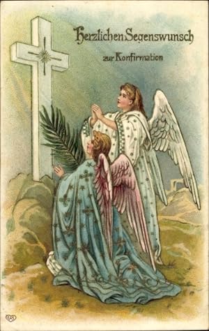 Präge Ansichtskarte / Postkarte Glückwunsch Konfirmation, betende Engel, Kreuz