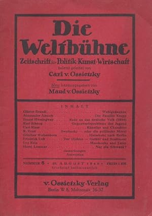 Bild des Verkufers fr Die Weltbhne. Zeitschrift fr Politik, Kunst, Wirtschaft. Zuletzt geleitet von Carl v. Ossietzky. Neu hrsg. von Maud v. Ossietzky. 1. Jahrgang, Heft 2 (24. Juni 1946) u. Heft 5 (28. August 1946). zum Verkauf von Antiquariat Kaner & Kaner GbR