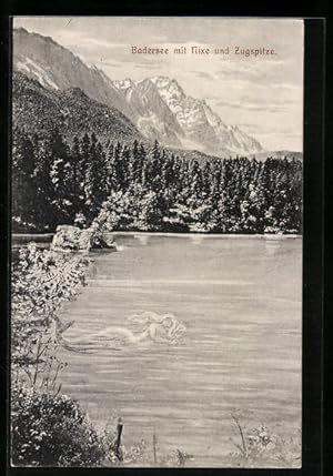 Ansichtskarte Badersee, Badersee mit Nixe und Zugspitze