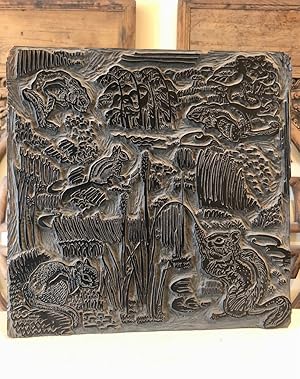 Original Linocut Block Featuring a Northwest Nature Scene with Squirrel