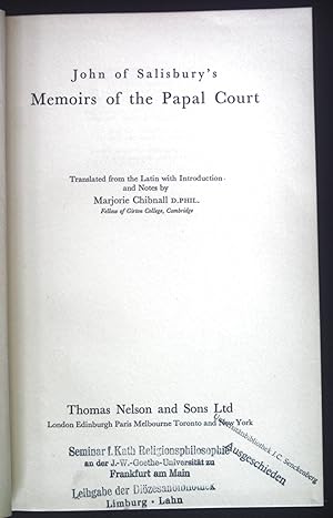 Bild des Verkufers fr John of Salisbury's Memoirs of the Papal Court. zum Verkauf von books4less (Versandantiquariat Petra Gros GmbH & Co. KG)