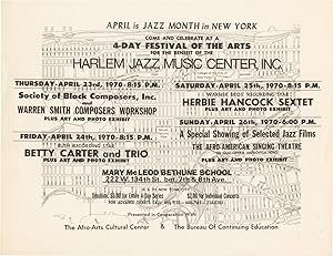 Imagen del vendedor de April is Jazz Month in New York: 4-Day Festival of the Arts for the Benefit of the Harlem Jazz Music Center (Original flyer for the 1970 music festival) a la venta por Royal Books, Inc., ABAA