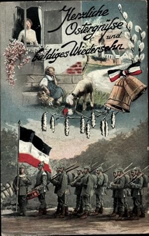 Ansichtskarte / Postkarte Glückwunsch Ostern, Deutsche Soldaten in Uniformen, Glocken, Lamm, Patr...