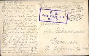 Ansichtskarte / Postkarte Stempel Deutsche Feldpost 1. WK, 83. Inf. Div., Feld Bäck. Kol.