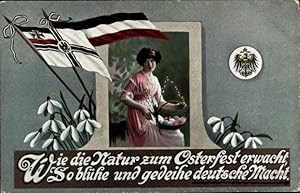 Ansichtskarte / Postkarte Glückwunsch Ostern, Frau mit Weidenkorb, Fahnen; Schneeglöckchen - RKL ...