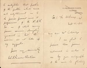 A.L.S. by the poet William Watson to antivivisectionist Stephen Coleridge dated Sept. 8, 1903.