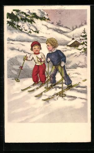 Image du vendeur pour Ansichtskarte Zwei Kinder fahren Ski mis en vente par Bartko-Reher