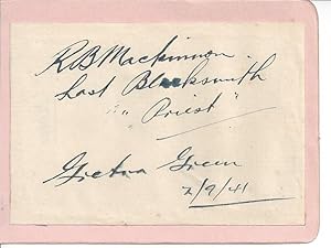 Imagen del vendedor de [Gretna Green and  runaway marriages .] Autograph Signature of  R B Mackinnon. / Last Blacksmith / "Priest" / Gretna Green . a la venta por Richard M. Ford Ltd