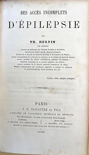 Seller image for Des accs incomplets d'pilepsie + 2 other titles, one inscribed to P. Ricord for sale by Jeremy Norman's historyofscience